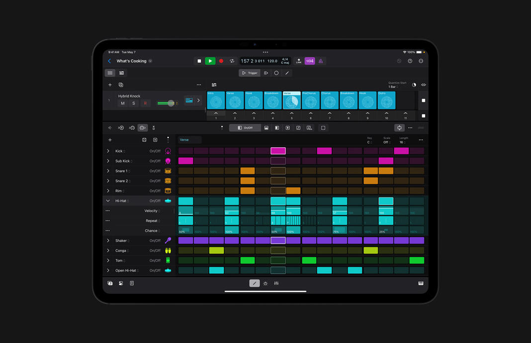 Interfaz de usuario del Secuenciador de Pasos en Logic Pro para el iPad.