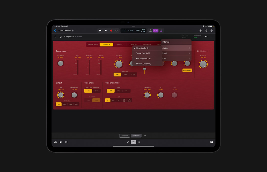 Interfaz de usuario de un plug-in de compresión en Logic Pro para el iPad.