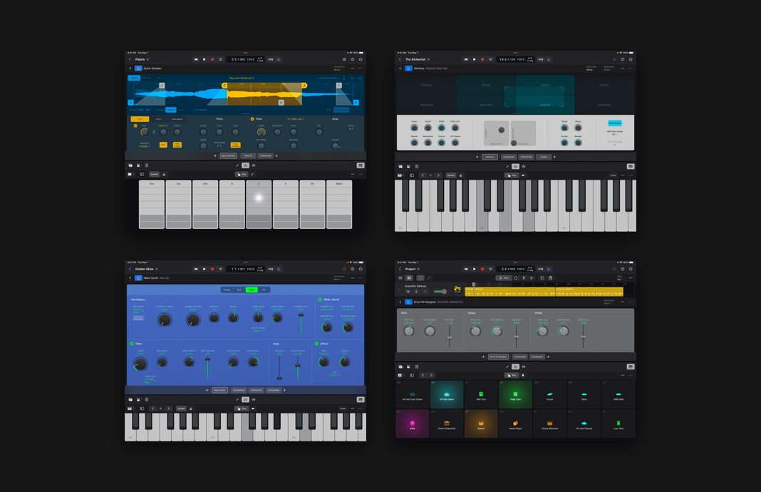 Múltiples efectos de sonidos de instrumentos se ajustan con precisión en Logic Pro para el iPad en un iPad Pro.