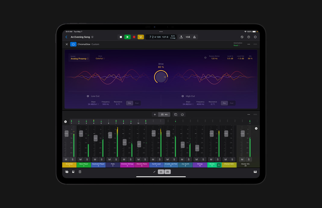 Interfaz de usuario de ChromaGlow en Logic Pro para el iPad.