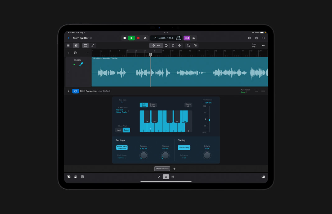 Interfaz de usuario de Corrección de Tono en Logic Pro para el iPad.