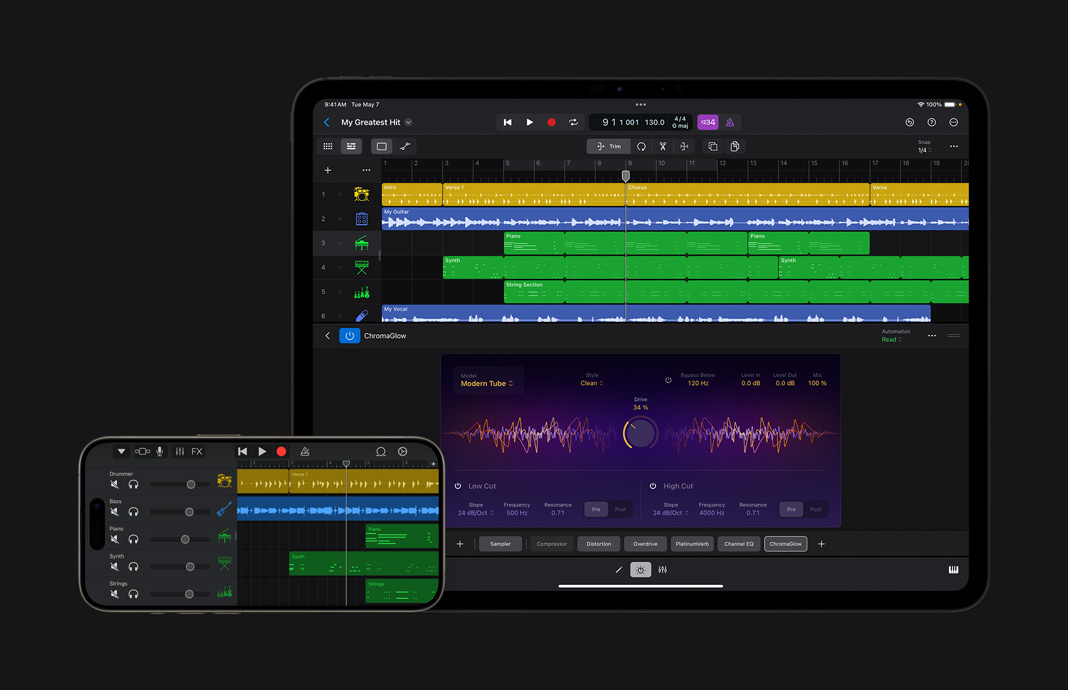 Se muestra la importación de proyectos de GarageBand a Logic Pro en un iPad.