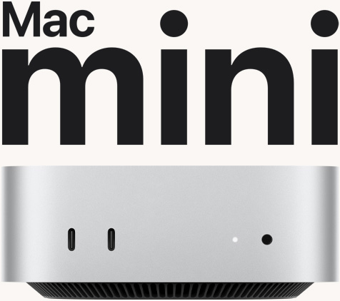 Vue de face d’un Mac mini argent montrant les ports avant et le voyant lumineux.