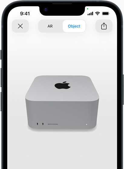 Preview of Mac Studio being viewed in AR experience on iPhone