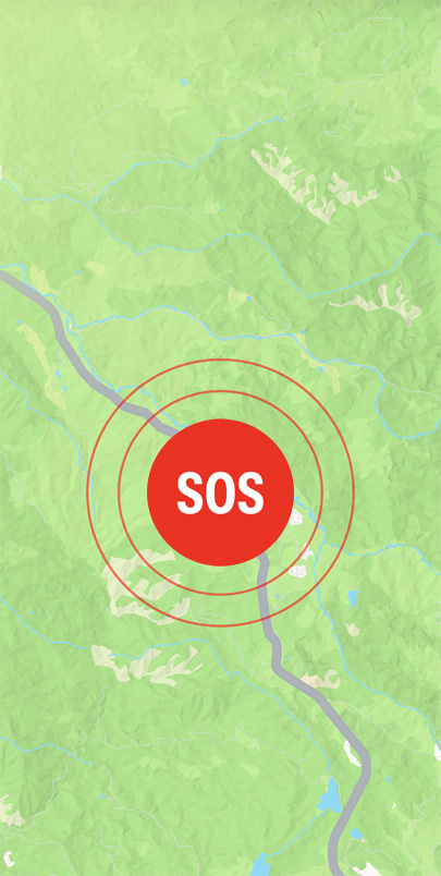 Emergencia SOS se muestra en una carretera en Mapas de Apple. Pulsa el botón «+» para obtener más información sobre las prestaciones de seguridad.