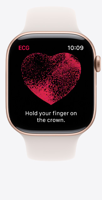 Az Apple Watch Series 10 elölnézetből, a kijelzőn az EKG app.