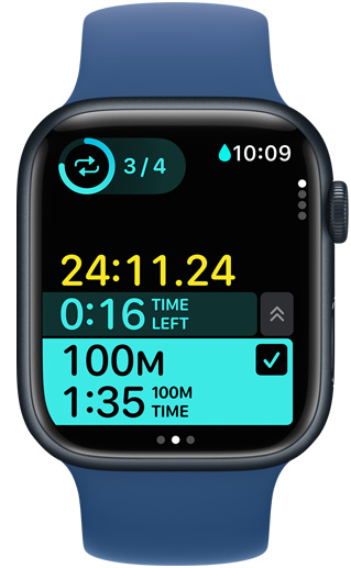 An Apple Watch screen displays the timing of a custom pool swim workout