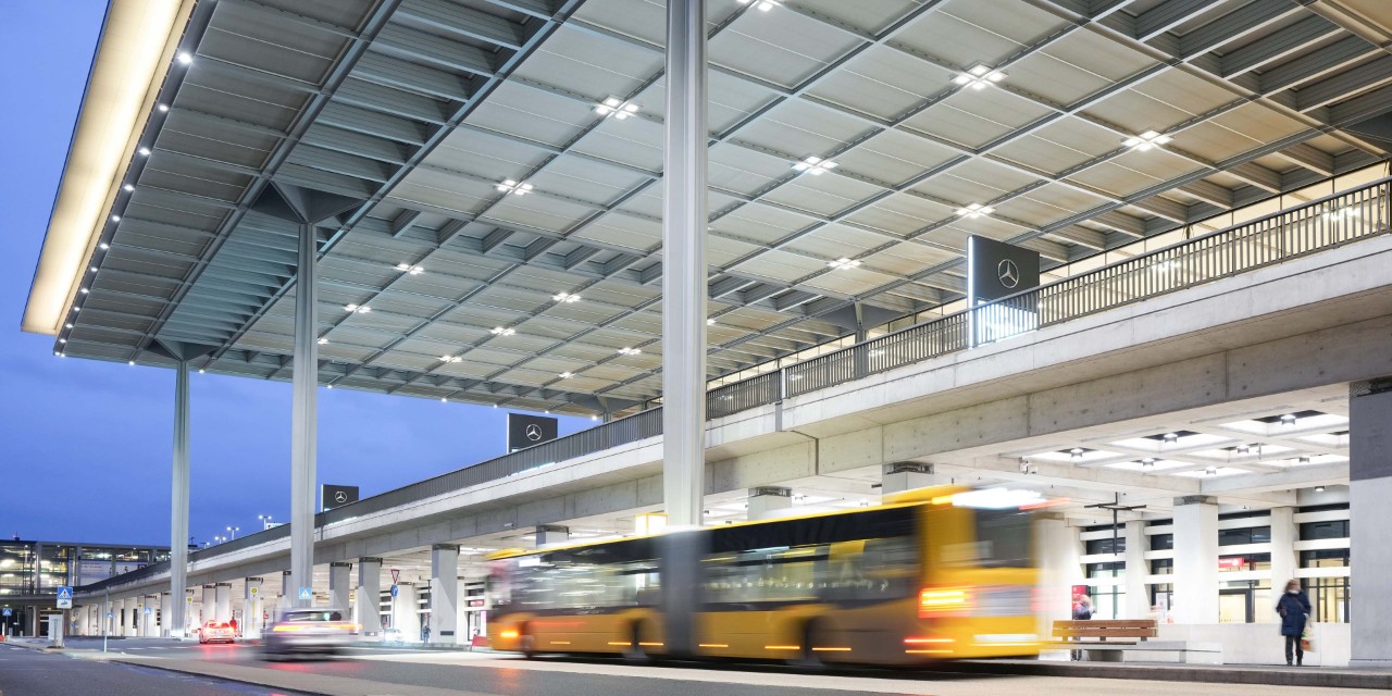 View of the bus stop and the check-in hall