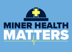 The text "Miner Health Matters" against a light blue background with a miner's helmet and a zig zag line similar to an EKG graph 