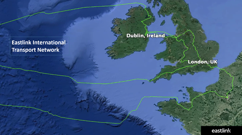 Map of United Kingdom & Europe showing Eastlink's fibre optic transport network