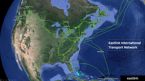 Map of North America and Caribbean showing Eastlink's fibre optic transport network