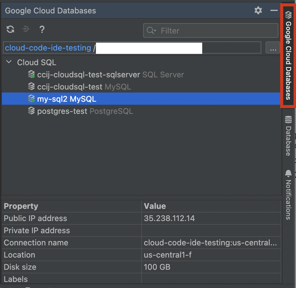 Cloud SQL tools window