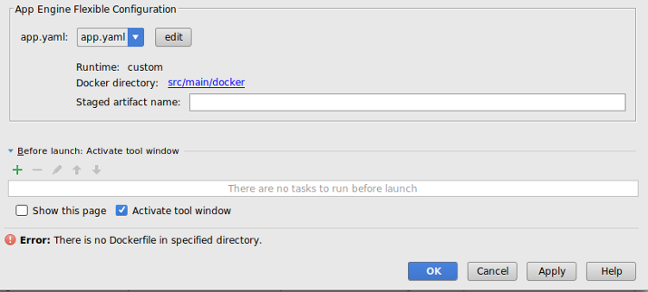 Dialog showing the app engine flexible configuration
section of the create deployment configurations screen. A field shows the
path to the app.yaml file. There is an edit button to select a different
file. A label shows the runtime as custom. A label shows the path of the
Docker file. A Staged artifact name field shows the path to the Docker
file.