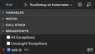 Breakpoints section in the left hand panel of Debug View that allows adding, removing, and disabling breakpoints