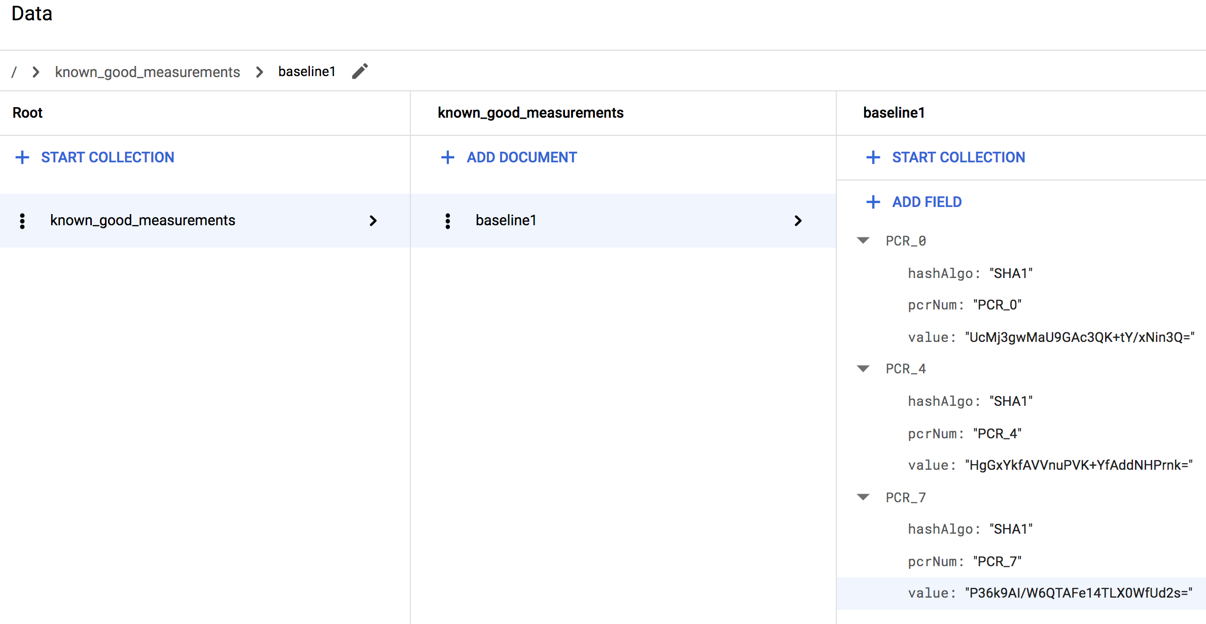 A Firestore database showing a completed known_good_measurements collection for Linux.