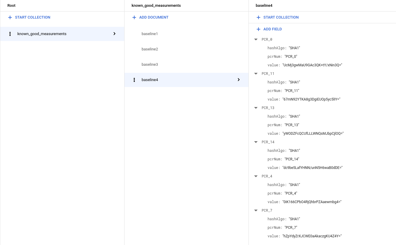 A Firestore database showing a completed known_good_measurements collection for Windows.