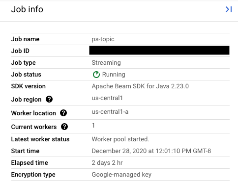 The Job info side panel for a running Dataflow job.