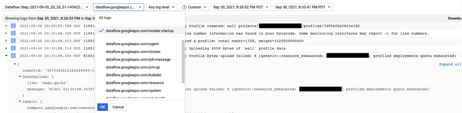 A page showing the Cloud Profiler logs with an open menu highlighting the navigation path: dataflow.googleapis.com/worker-startup.