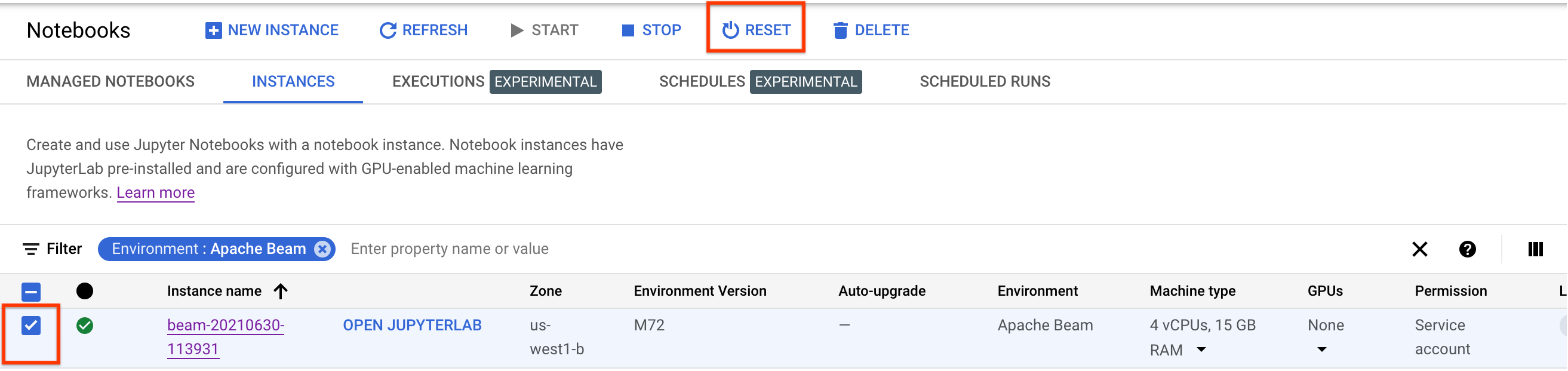 Reset a notebook instance