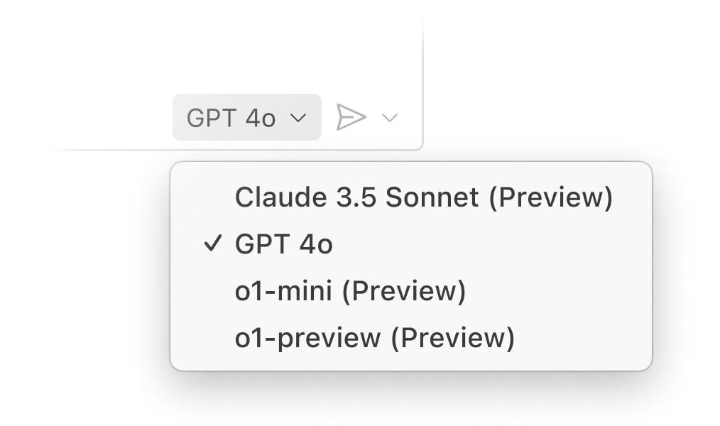 Dropdown menu in GitHub Copilot Chat displaying AI model options: 'GPT 4o' selected, with other options like 'Claude 3.5 Sonnet (Preview)', 'o1-mini (Preview)', and 'o1-preview (Preview)'