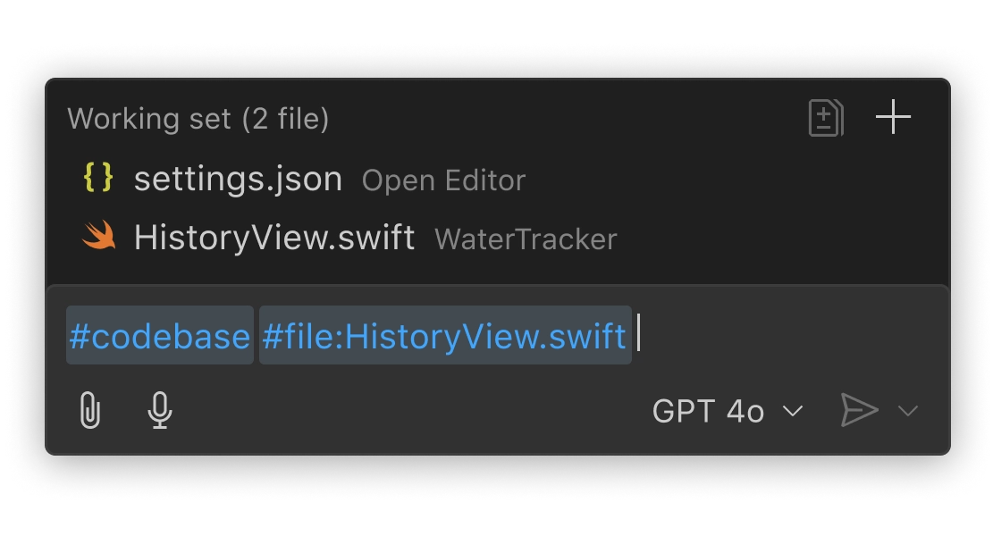 VS Code Copilot Edits prompt input with a working set of two files. The prompt message mentions #codebase and #file:HistoryView.swift for context.