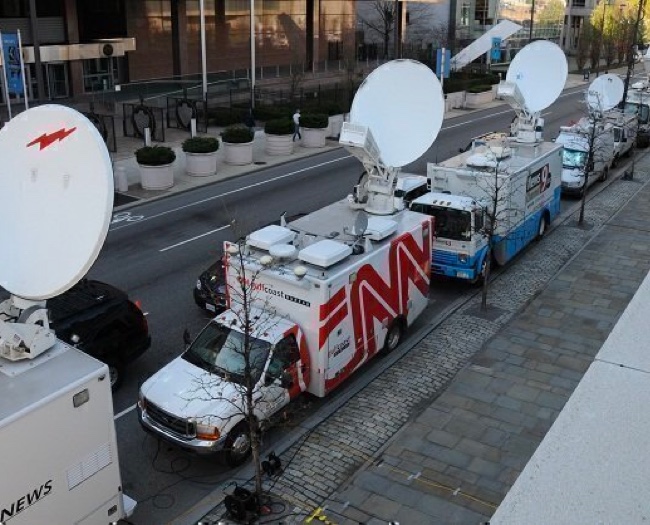 Television satellite trucks parked outside the National Constitution Center