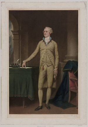 Mezzotint color print by Thomas Hamilton Crawford of Alexander Hamilton, full-length portrait, 1932.