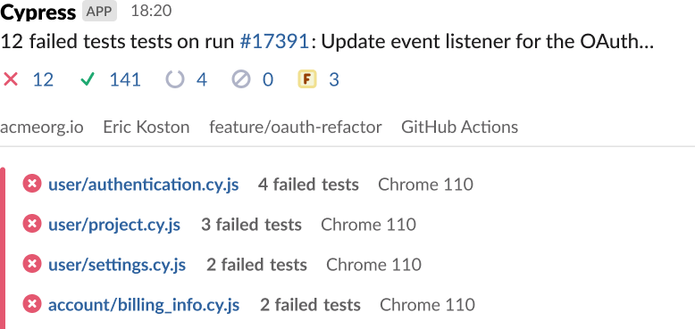 Screenshot of an instant messaging system like slack or team notifying of a cypress run