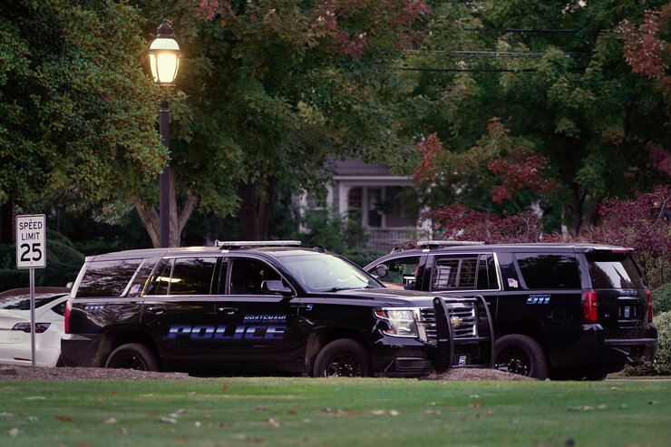 Two black police vehicles are stopped next to each other in Bratenahl, Ohio. 