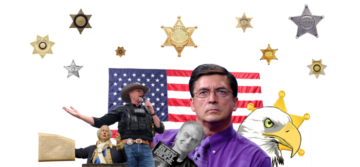 A collage made up of figures of, from left: Texas pastor Mark Collins dressed as George Washington; Pinal County, Arizona, Sheriff Mark Lamb; activist Randy Weaver; former Graham County, Arizona, Sheriff Richard Mack; and the Constitutional Sheriffs and Peace Officers Association logo, which is an eagle.  Sheriff's badges are scattered above the collage.  