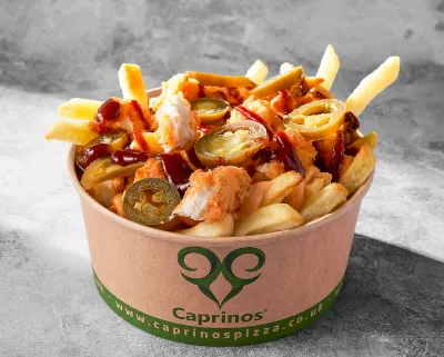 Loaded fries topped with chicken strips, cheese sauce, BBQ drizzle, and jalapeños.