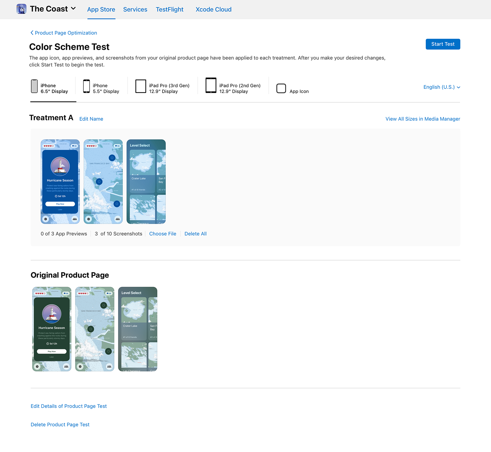 App Store Connect Product Page Test comparing different Color Scheme treatments for The Coast app.