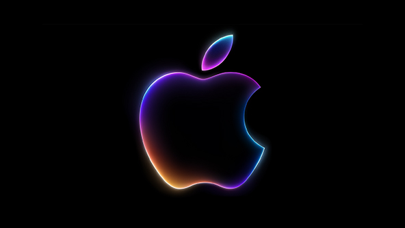 검은색 바탕에 빛나는 주황색, 보라색, 파란색 테두리 효과가 적용된 검은색 Apple 로고.