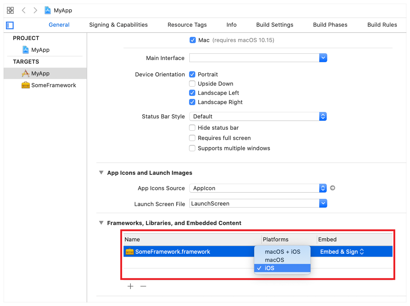 Xcode 的一个截屏，其中显示已选择 iOS 作为框架 SomeFramework 的受支持平台。