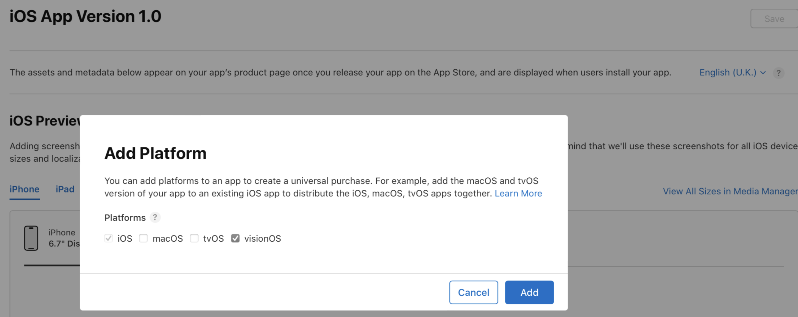 앱에 선택할 수 있는 iOS, macOS, tvOS 및 visionOS 플랫폼이 앱 세부 정보 페이지의 플랫폼 추가 대화창에 나열됩니다. “취소” 및 “추가” 버튼은 대화창 하단에 있습니다.