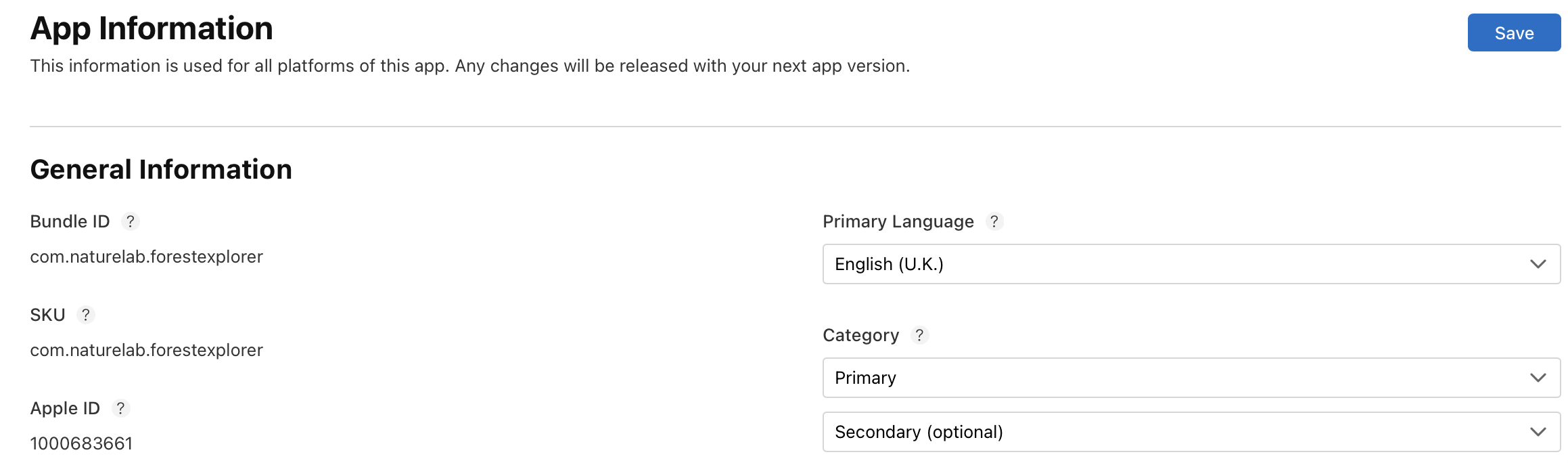 In the App Information page, the General Information section displays the current primary language and a pop-up menu to choose a new primary language.