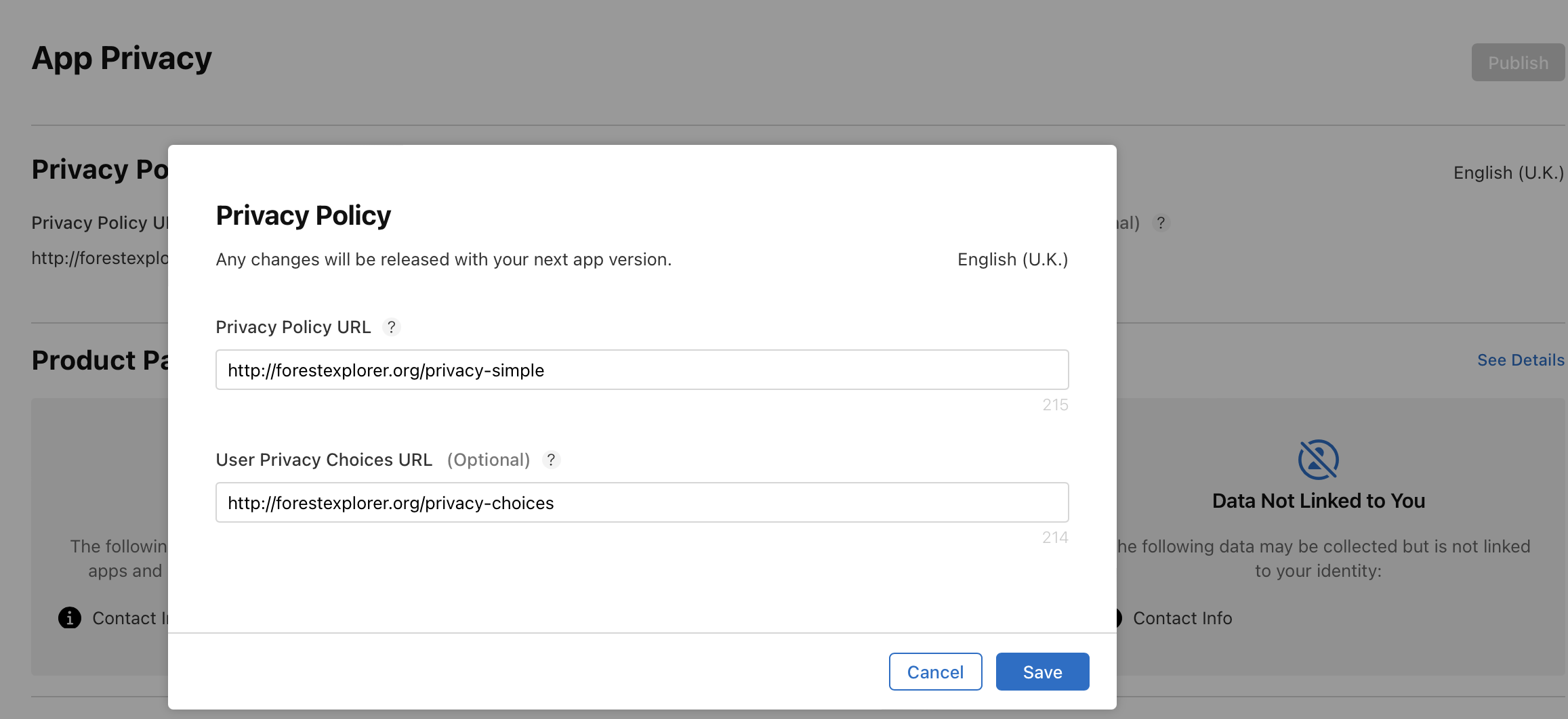 Privacy Policy dialog on the App Privacy page.