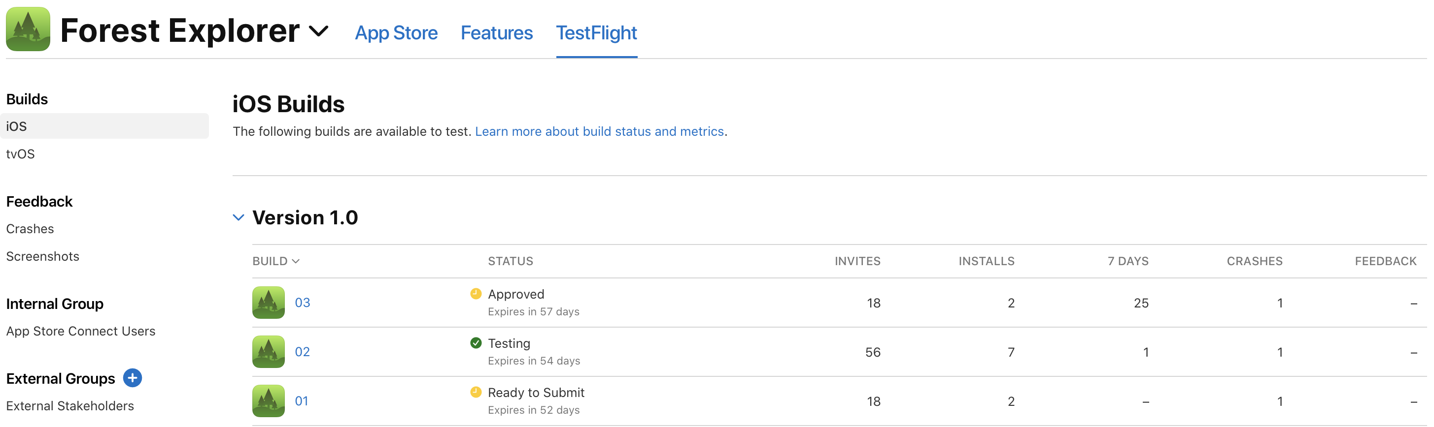 在「TestFlight」標籤頁中，「版本 1.0」下有一個建置版本列表。每個建置版本均具有可點選的圖像和建置版本字串。