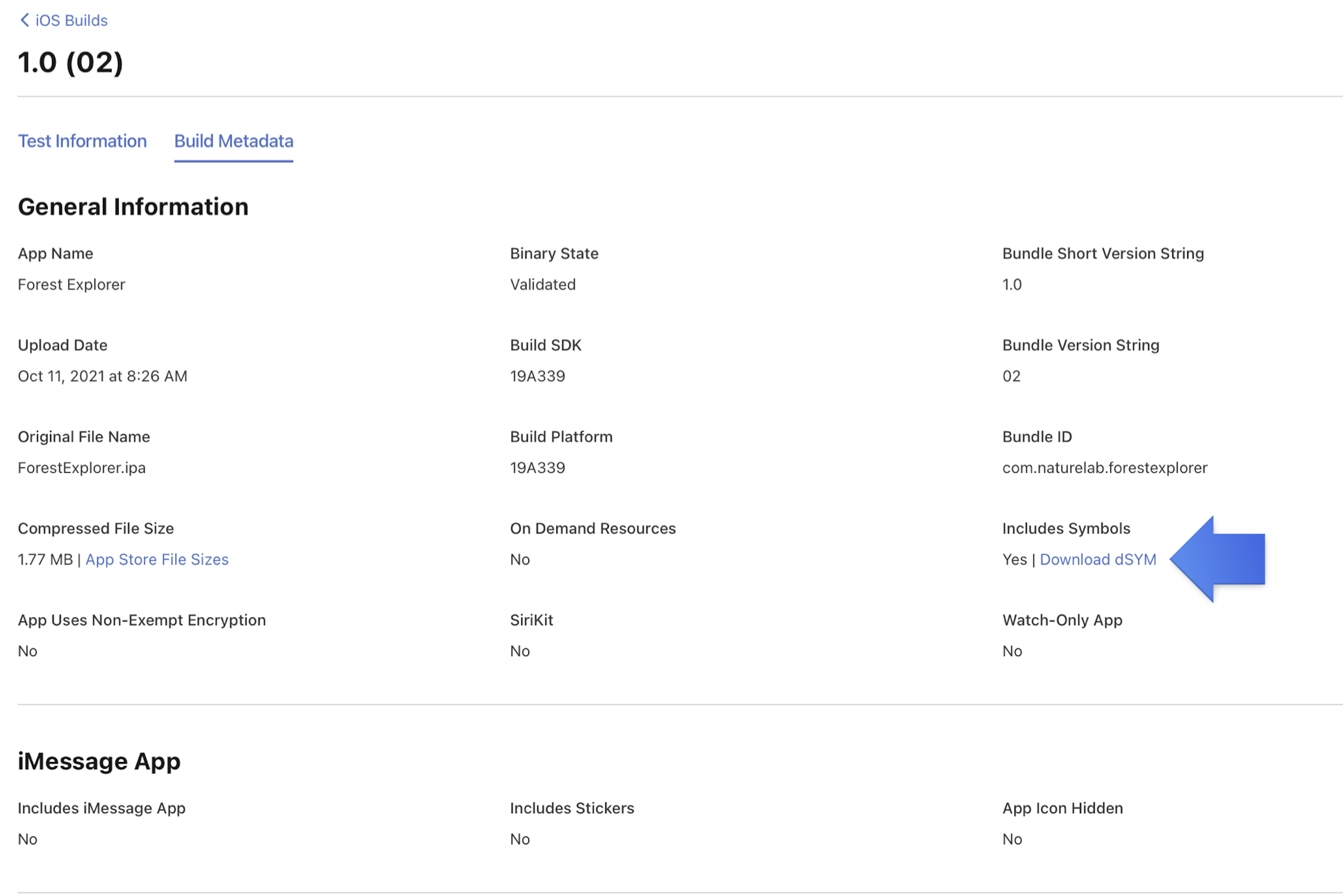 The General Information section on the iOS Build Metadata page features a pointer image pointing the Download dSYM link under "Includes Symbols".
