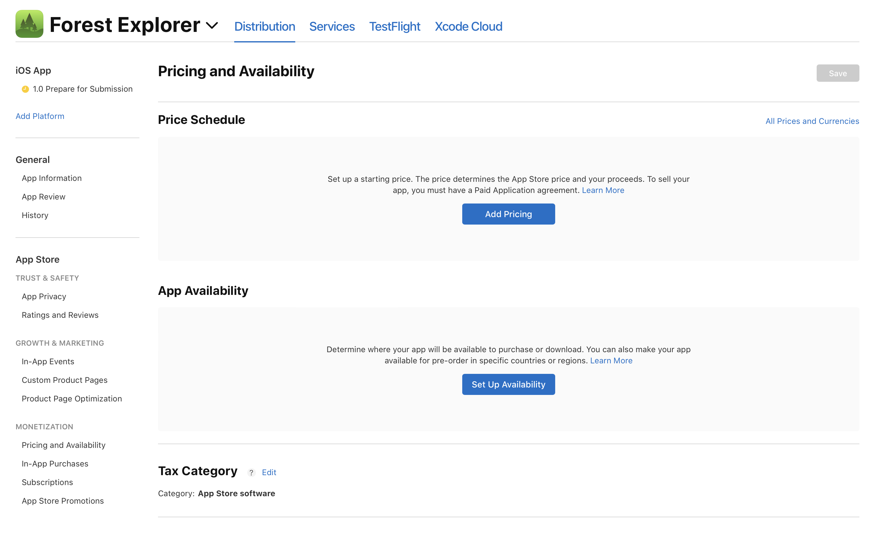 Select Pricing and Availability in the left column.