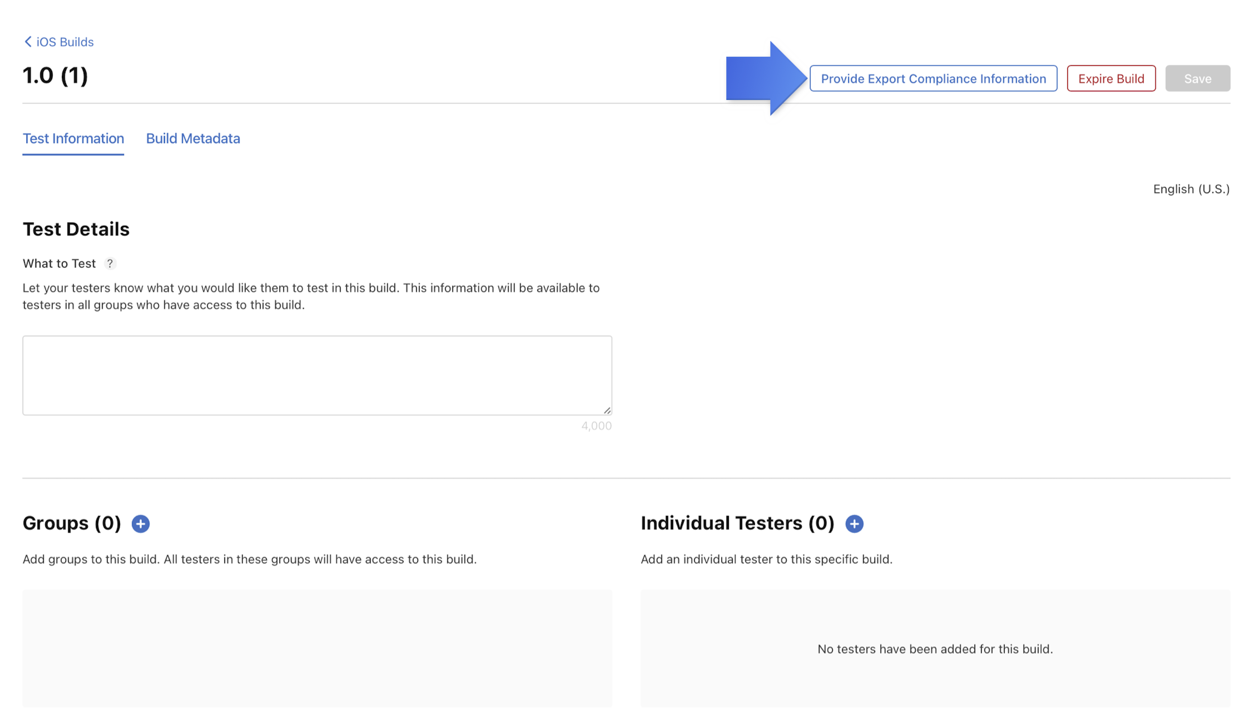 The Test Information tab on the Builds detail page has a "Provide Export Compliance Information" button located at the top right.