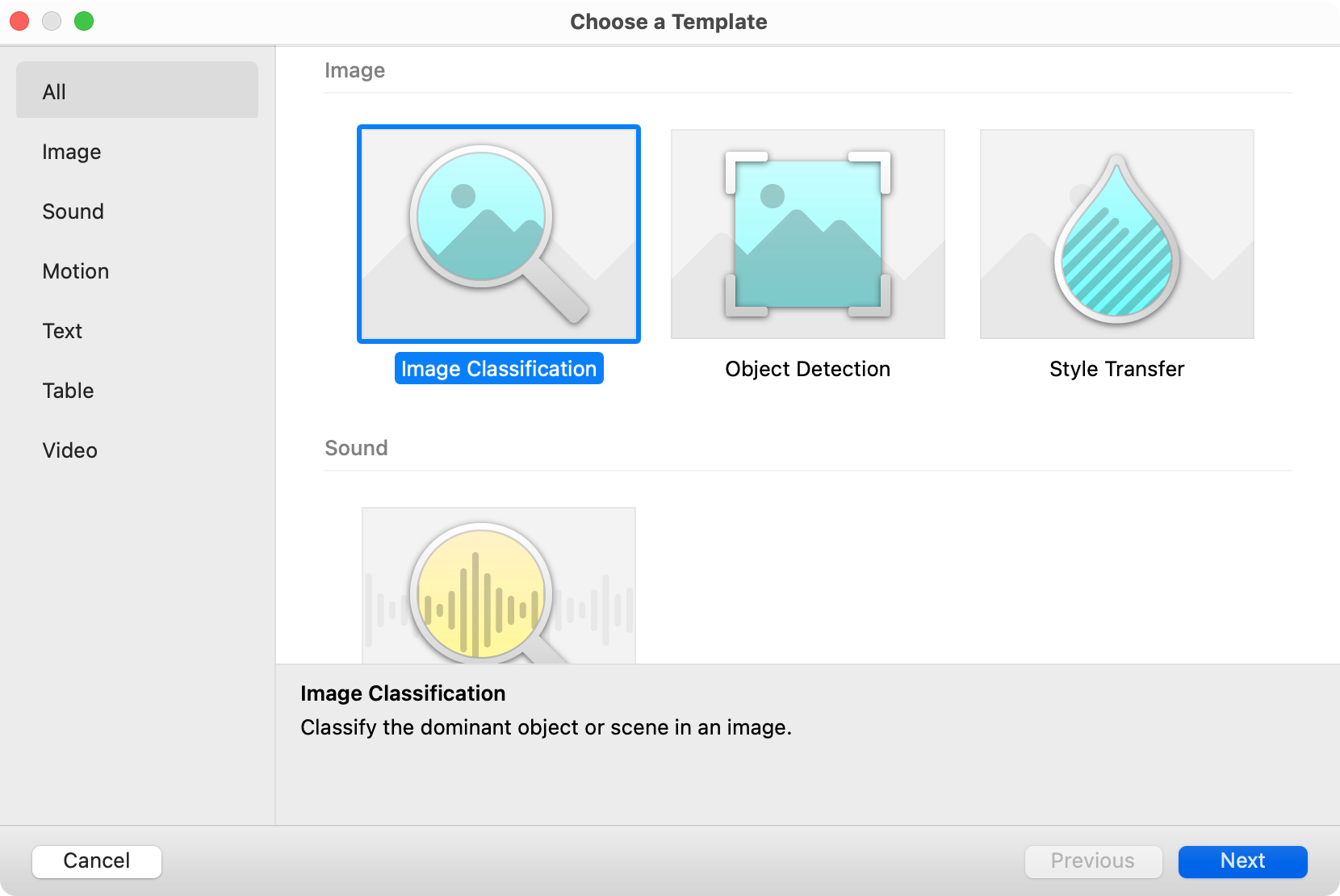 「Image Classification」、「Object Detection」、「Style Transfer」という名前のCreate MLプロジェクトテンプレートのスクリーンショット。