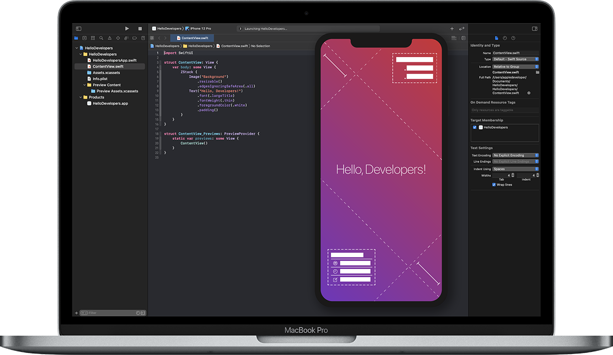 An illustration of an open MacBook Pro, displaying a screenshot of Xcode in Dark mode. In Xcode, the left panel shows the Project navigator, the code editor is at center, and the right side of Xcode’s window shows the canvas preview, displaying the sample app that you will build in this tutorial — Landmarks.