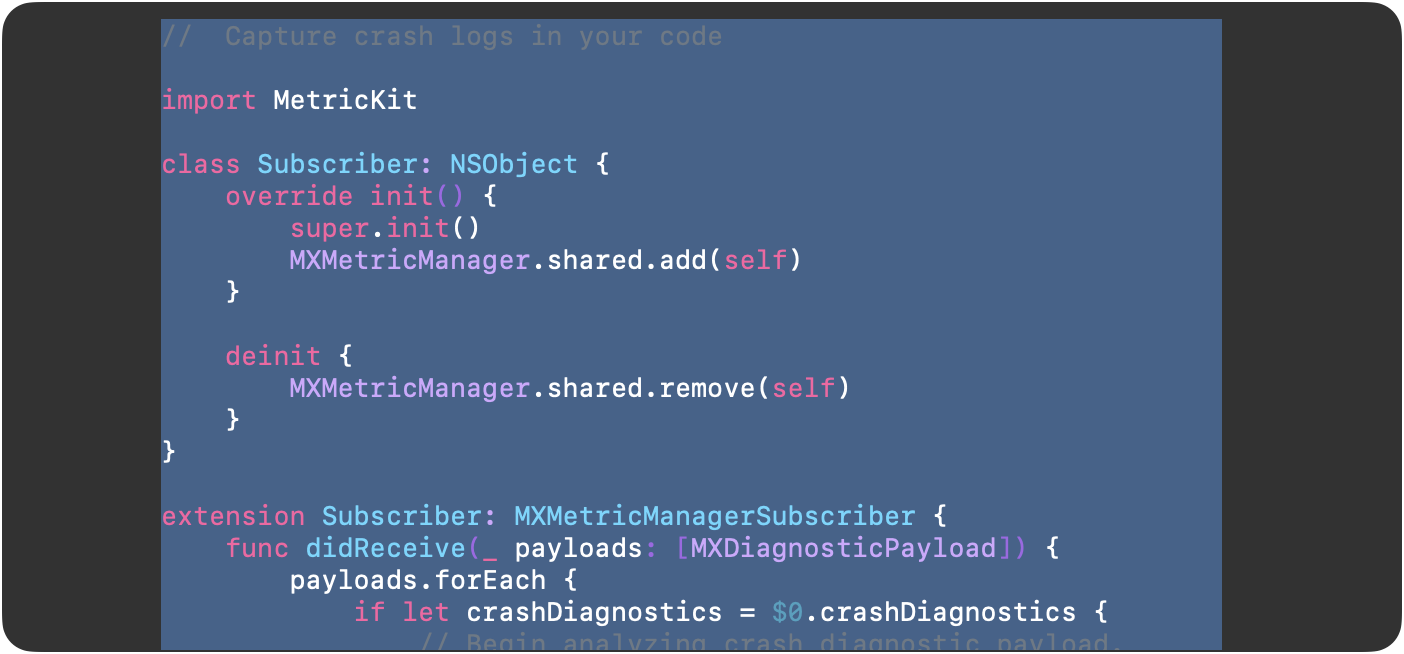 「コードをコピー」を使ってクラッシュログをコピーする場面のスクリーンショット