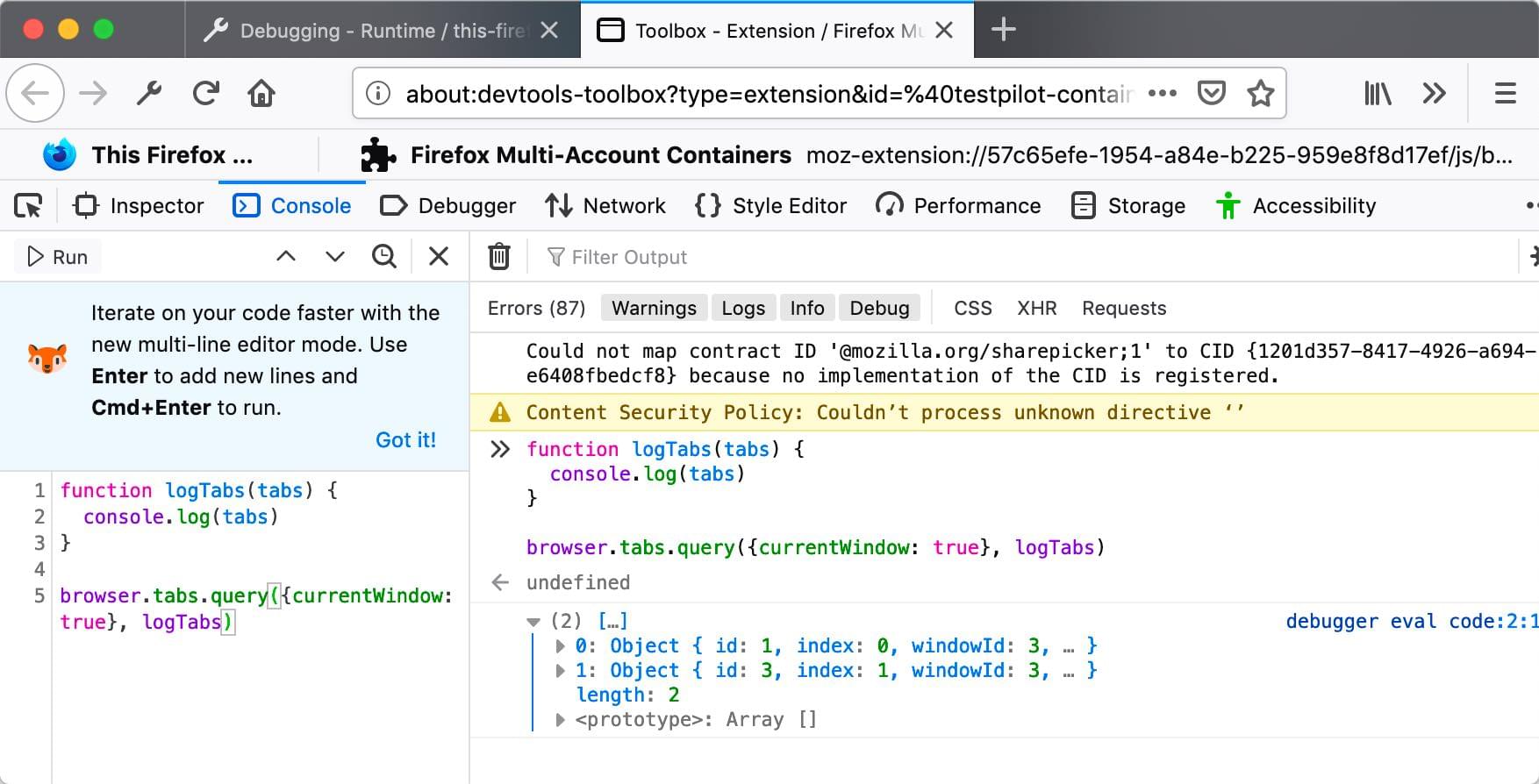 Illustration of a snippet of web extension code run from the console in the Toolbox