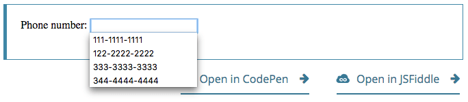 An input box has focus with a blue focus ring. The input has a drop-down menu showing four phone numbers the user can select.