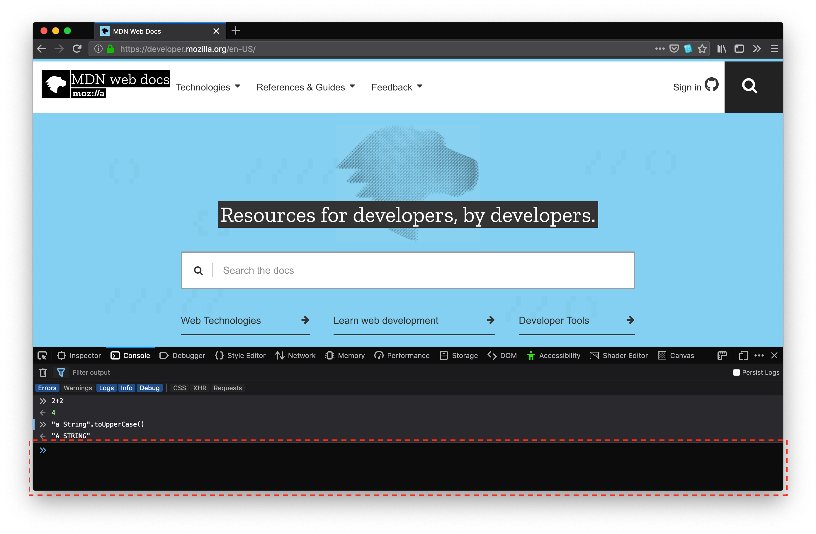 下部にウェブコンソールを開くためのブラウザーウインドウで、 2 行の入出力を含む。その下記にはテキストを入力することができます。