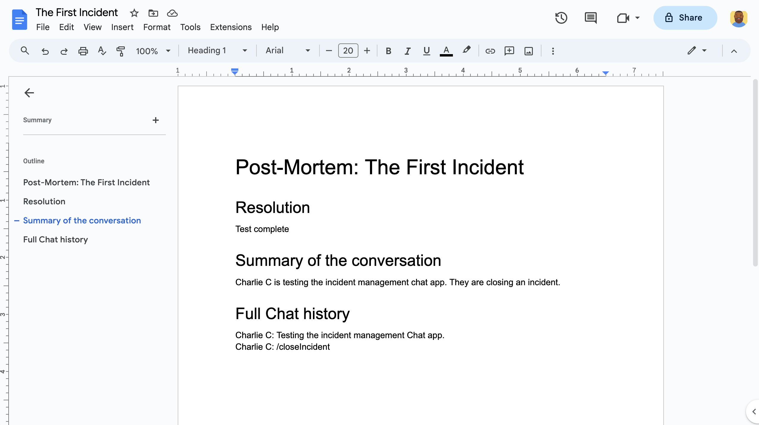 The AI summary incident resolution Google Doc.