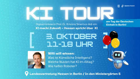 Am 3. Oktober kommt die Bürgertour zum Thema Künstliche Intelligenz nach Berlin. Ab 11 bis 18 Uhr in die Hessische Landesvertretung - In den Ministergärten 5.