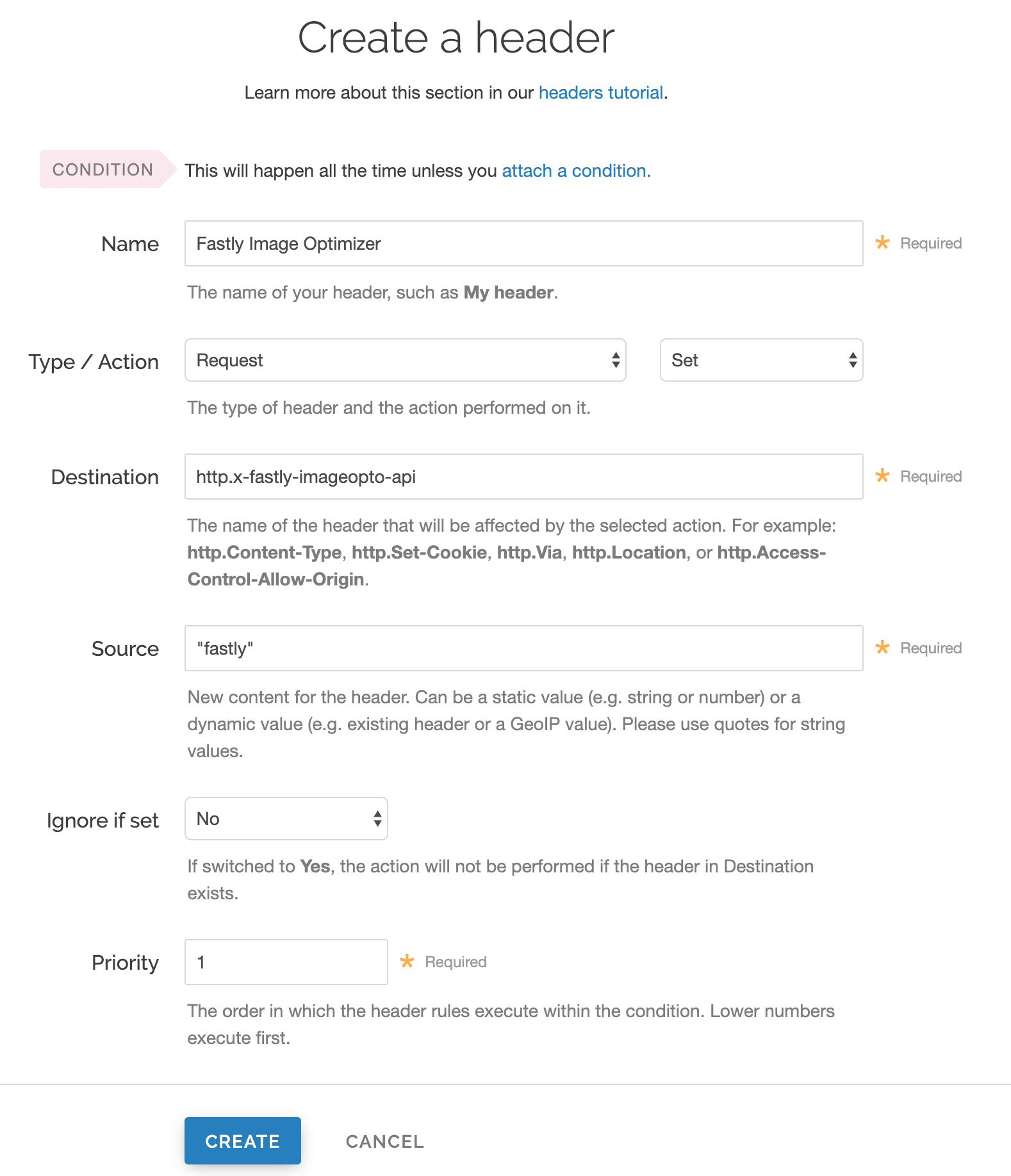 the create header window with the image optimization settings